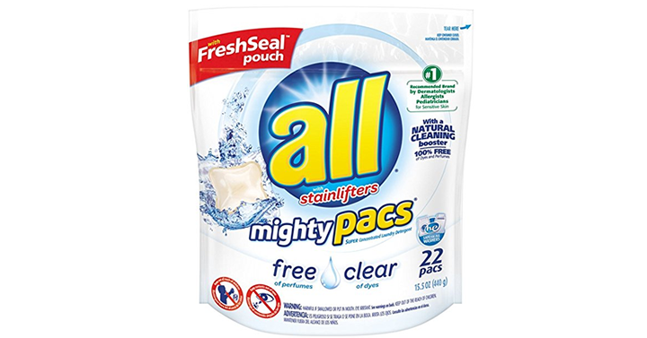 all Mighty Pacs Laundry Detergent, Free Clear for Sensitive Skin, 22 Count – Just $2.99!