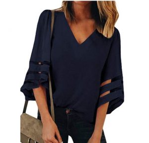 Womens 3/4 Bell Sleeve V Neck Lace Patchwork Blouse Casual Loose Shirt Tops – $13.99!