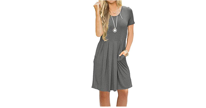 Women’s Short Sleeve Pleated Loose Swing Casual Dress with Pockets – Just $14.99!
