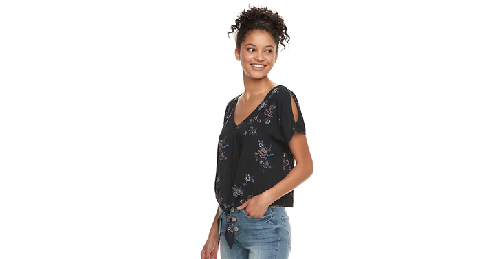 Kohl’s 30% Off! Earn Kohl’s Cash! Stack Codes! FREE Shipping! Juniors’ Mudd Printed Tie-Front Top – Just $15.39!
