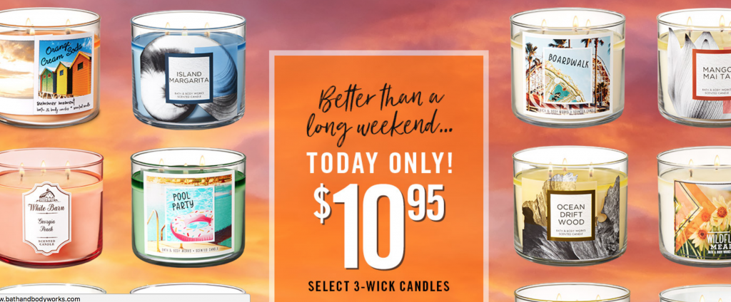 Bath & Body Works: $10.95 3- Wick Candles & 20% Off Today Only!