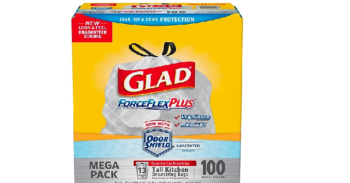 Glad ForceFlex Tall Kitchen Drawstring Trash Bags, 13 Gallon, 100 Bags Only $9.73 Shipped!