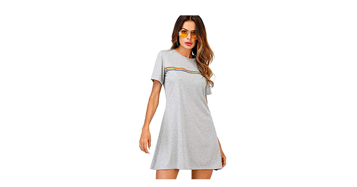 Women’s Casual Short Sleeve Rainbow Stripe Print Simple T-Shirt Loose Dress – Just $10.99!