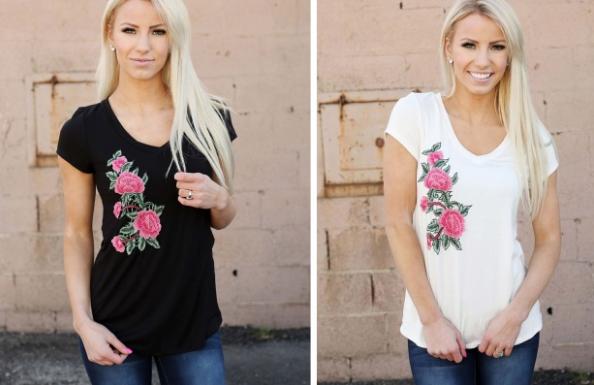 V-Neck Tee With Flower Patch – Only $14.99!