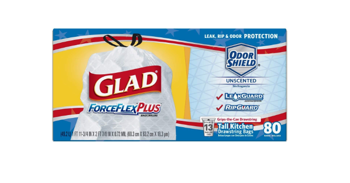 Glad ForceFlexPlus Tall Kitchen Drawstring Trash Bags, Unscented, 80 ct Only $7.78 Shipped!
