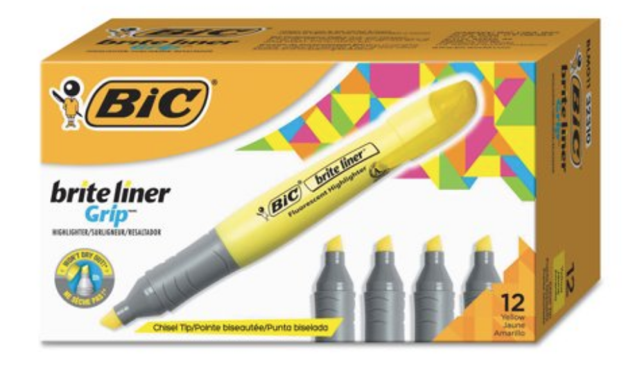 BIC Brite Liner Grip Highlighter, Yellow, 12-Count Just $4.49!