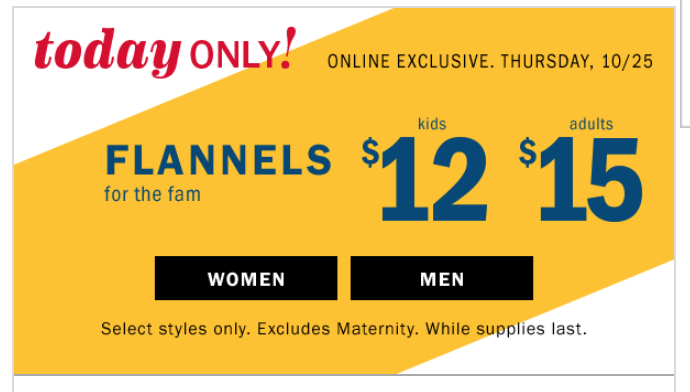 Old Navy: Flannels For The Fam Just $12 For Kids & $15 For Adults Today Only!