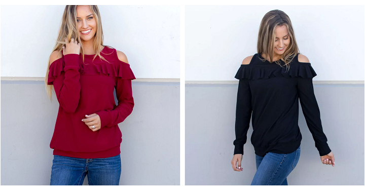 Jane: Ruffle Cold Shoulder Sweater Only $16.99!