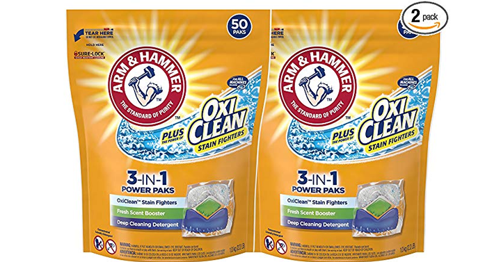 Arm & Hammer Plus OxiClean 3-in-1 HE Laundry Power Paks – 2 pack, 50 count – 100 loads – Just $6.46!