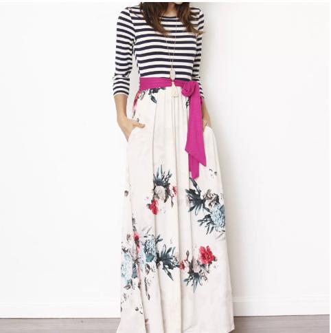 Sash Stripe Floral Maxi Dress – Only $32.99!