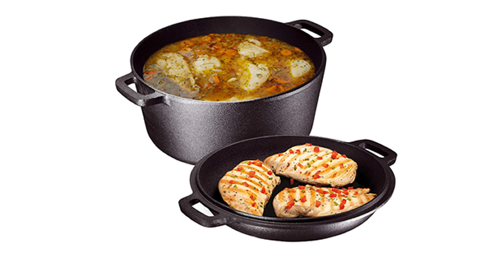 Heavy Duty Pre-Seasoned 2 In 1 Cast Iron Double Dutch Oven and Domed Skillet Lid – 5 Quart – Just $29.77!