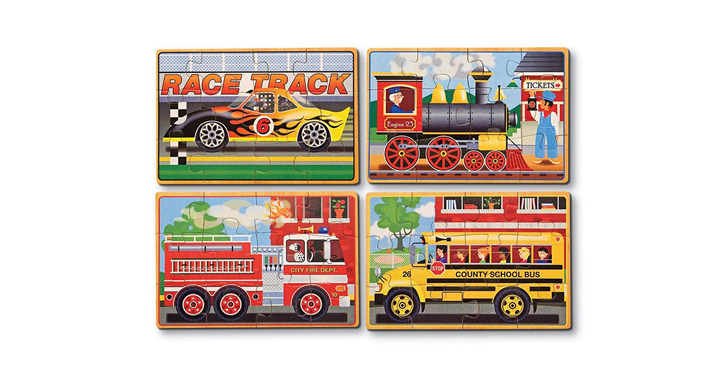 Melissa & Doug Vehicles 4-in-1 Wooden Jigsaw Puzzles in a Storage Box – Just $6.00!