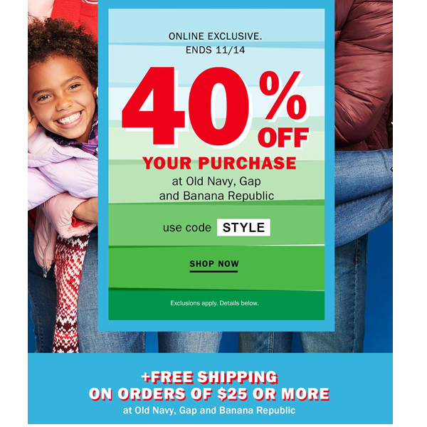Old Navy: 40% Off Your Purchase Online!
