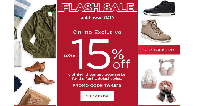 HURRY! Kohl’s Flash Sale! Take an Extra 15% off Clothing & Shoes for the Family! Stack with Extra 25% off! (Until 11am MST)