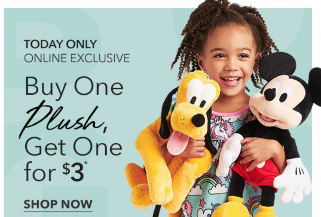 Shop Disney: Buy One Plush Get One For $3.00 Today Only!