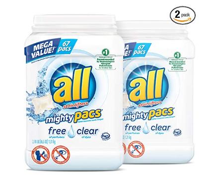 all Mighty Pacs Laundry Detergent, Free Clear for Sensitive Skin, 67 Count, 2 Tubs – Only $16.15!