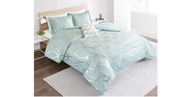 Comforter Set Twin Vivian 3 Piece Aqua Blue/Silver – Geometric Metallic Print – Just $32.99! So much fun!