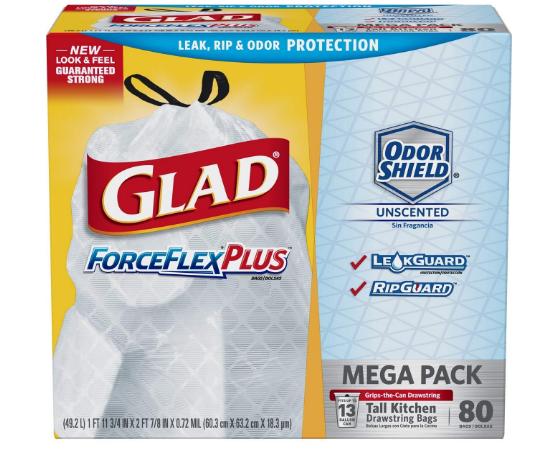 Glad ForceFlexPlus Tall Kitchen Drawstring Trash Bags, 3 Gallon (80 Count) – Only $8.09!
