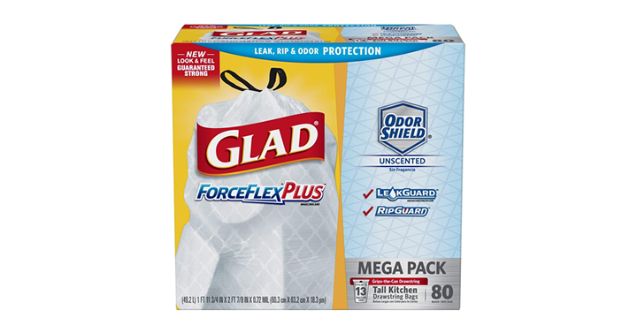 Glad ForceFlexPlus Tall Kitchen Drawstring Trash Bags – Unscented – 13 Gallon – 80 Count – Just $7.53!