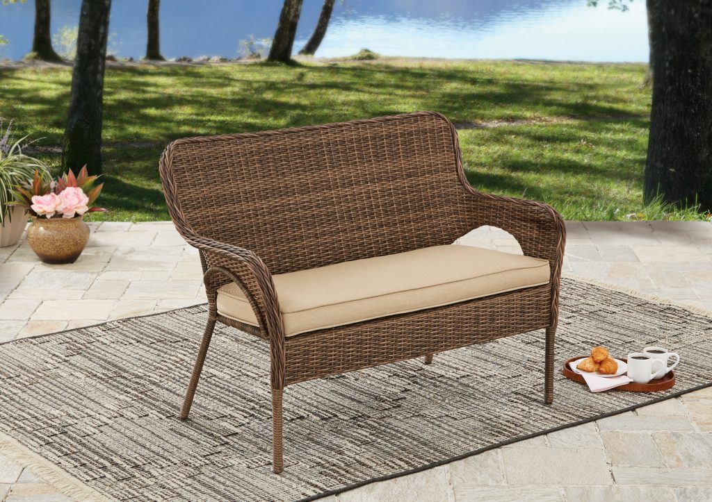 Better Homes & Gardens Camrose Farmhouse Wicker Outdoor Bench Down to $99.99!