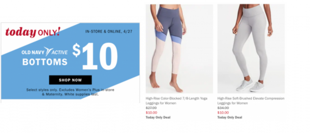 Old Navy Active Bottoms For Women & Girls Just $10.00 Today Only!