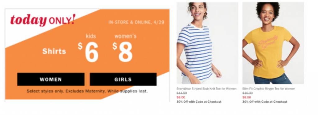 HOT! Old Navy Tee’s For Kids As Low As $5.00 & Women As Low As $7.00! Plus, Take An Extra 30% Of EVERYTHING!