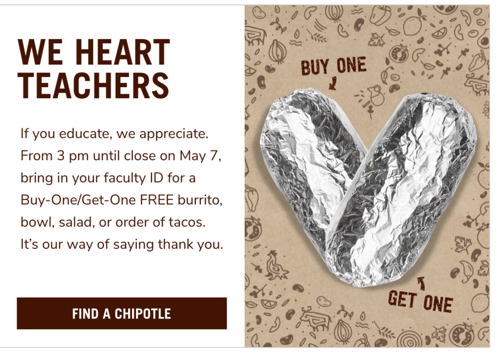 BOGO Burritos, Bowls, Salads or Tacos For Teachers At Chipotle Today Only!