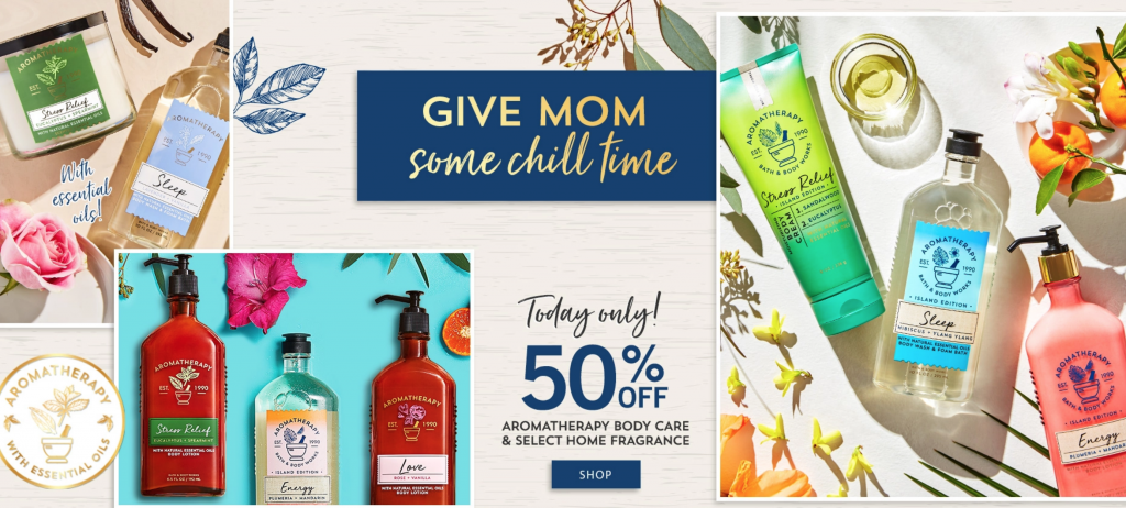 Bath & Body Works: 50% Off Aromatherapy Body Care & Buy Two Get Two FREE 3-Wick Candles! Plus, Take 20% Off Your Order!