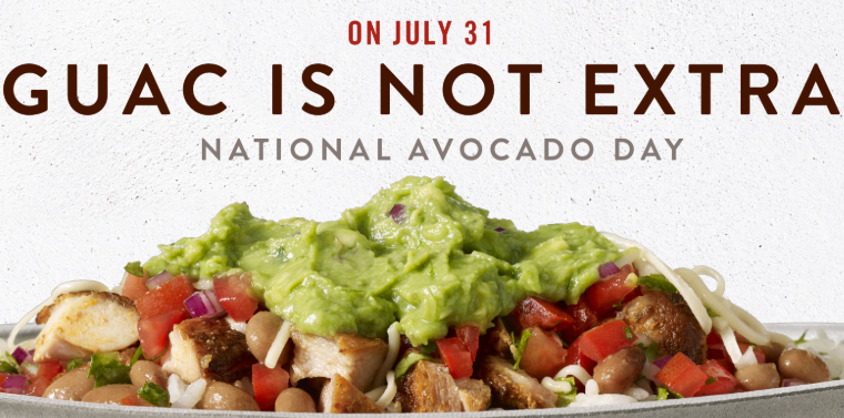 It’s National Avocado Day! Chipotle: FREE Guac with any Entree! Today, July 31st Only!