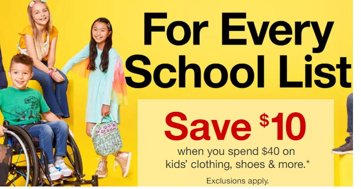 Back to School Deal! Target: Save $10 When you Buy $40 Worth of Kids Clothing, Shoes & Accessories!