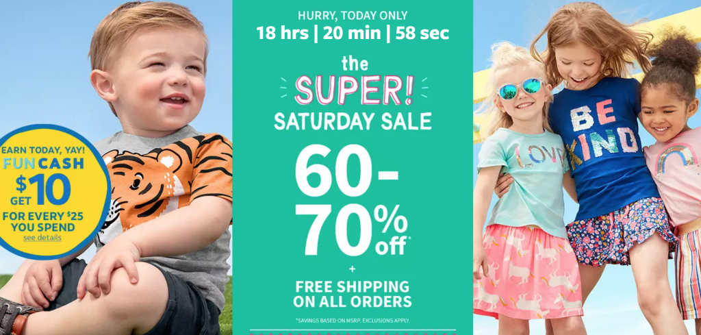 Carters: Super Saturday Sale! Up To 70% Off+Earn Fun Cash+40% Off $20 & FREE Shipping!