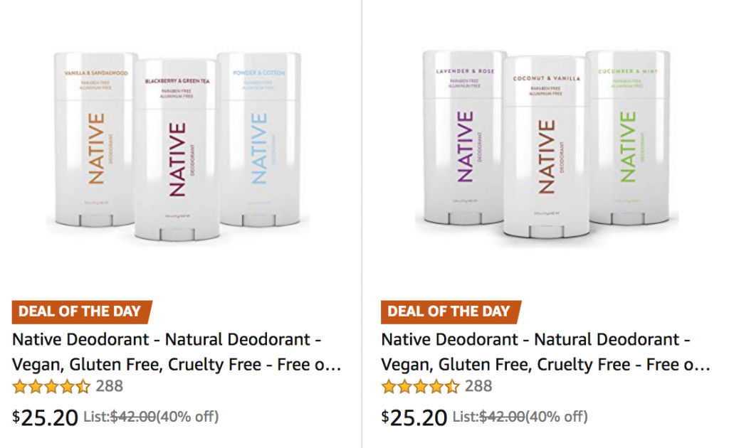Native Deodorant-Natural Deodorant Vegan Gluten & Cruelty Free 3-Pack $25.20 Today Only! (Reg. $42.00)