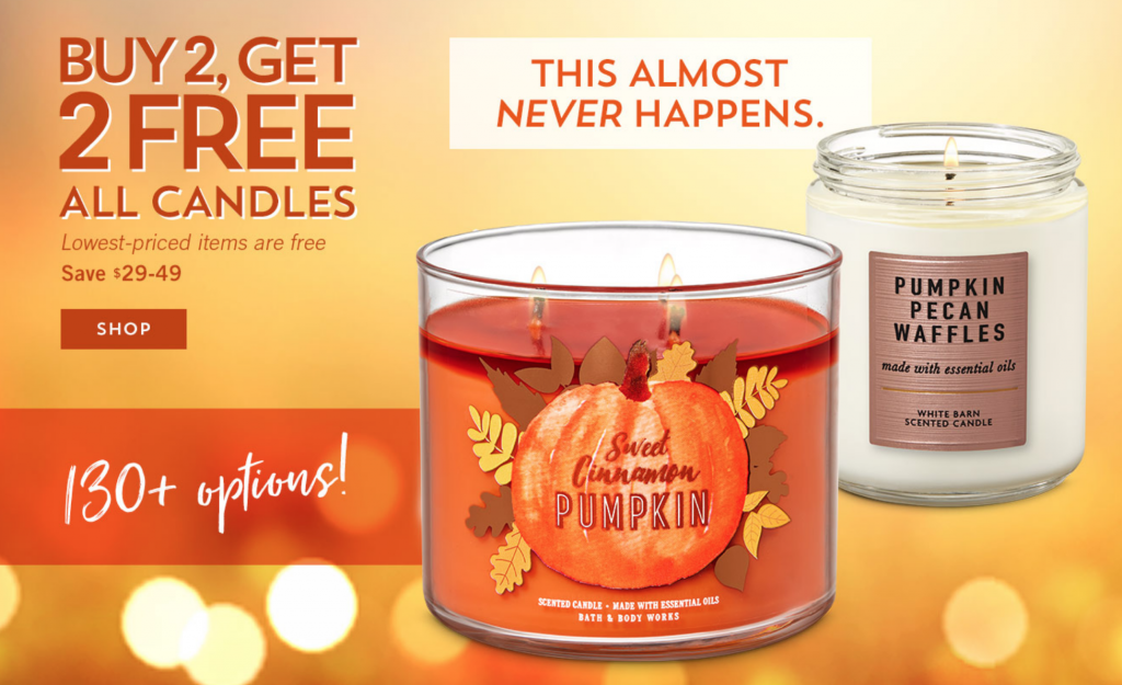 Bath & Body Works: Buy 2 Get 2 FREE On All Candles! Plus, $10 Off $40 Or More!