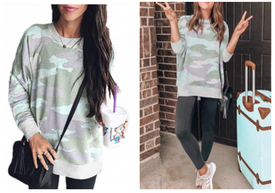 Womens Casual Tops Camo Long Sleeve Loose Crew Neck Sweater Just $9.99!