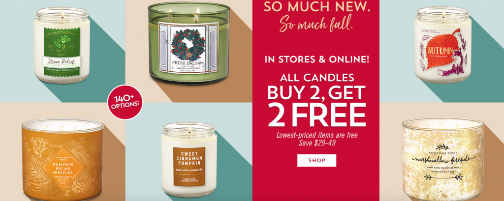 Bath & Body Works: Buy 2 Get 2 FREE On All Candles! Plus $10 Off $30 Or More!