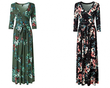 3/4 Sleeve Floral Print Faux Wrap Long Maxi Dress with Belt – Just $16.99!