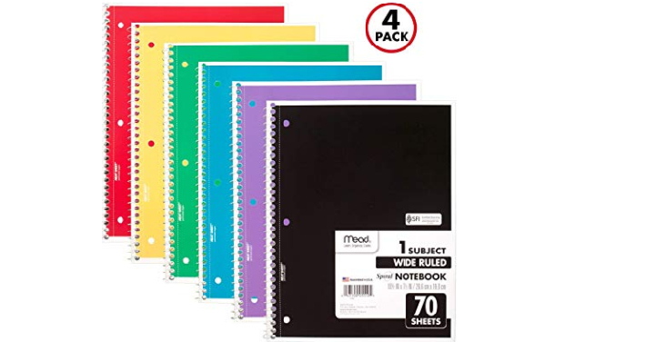 Mead Spiral Notebooks, 1 Subject, Wide Ruled Paper, 70 Sheets (4 Pack) Only $2.36!