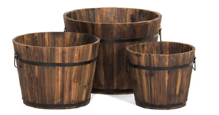 Set of 3 Wood Barrel Planter with Drainage Holes Only $44.99 Shipped!