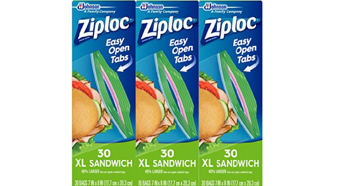 Ziploc Sandwich Bags, XL, 3 Pack, 30 Ct Only $3.85 Shipped!