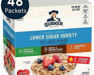 Quaker Instant Oatmeal, Lower Sugar, 4 Flavor Variety Pack, 48 Count – Only $8.44!