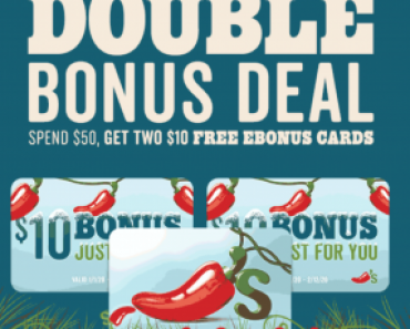Chilis: Double Bonus Deal Today Only! Send $50 In Gift Cards & Get TWO $10 FREE eBonus Cards!