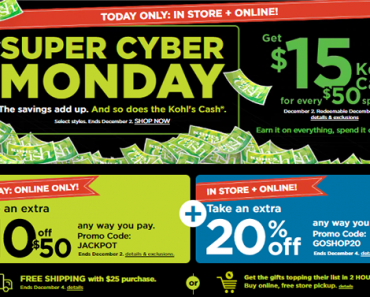 Kohl’s Cyber Days Sale – 20% Off Code! Today Only – $10 off $50! New Today Only Deals!