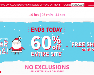 Carter’s: 60% Off the Entire Site + FREE Shipping + Extra 20% Off $40!