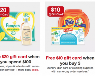 Target: FREE $20 Gift Card When You Spend $100 On Diapers, Wipes, & Toiletries! Plus, FREE $10 Gift Card When You Buy Three Laundry, Dish Care or Cleaning Supplies!