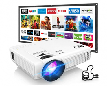 DR. J Professional HI-04 Mini Projector Outdoor Movie Projector with 100Inch Projector Screen – Just $99.99!