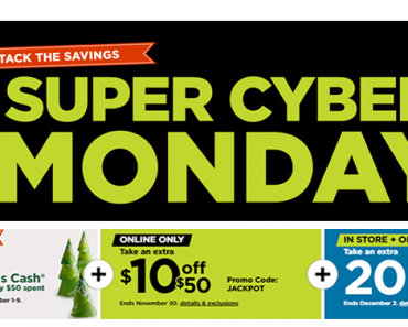 Kohl’s SUPER CYBER MONDAY Sale! One Day Only! Earn $15 Kohl’s Cash! Stack 20% and $10 off $50 Codes!