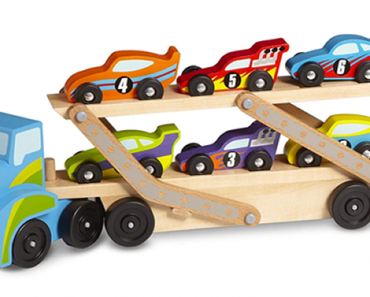 Melissa & Doug Mega Race-Car Carrier, Wooden Tractor & Trailer with 6 Race Cars – Just $14.99!