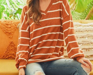 Puff Sleeved V-Neck Striped Top – Only $17.99!