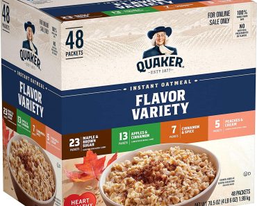 Quaker Instant Oatmeal, 4 Flavor Variety Pack, Individual Packets, 48 Count – Only $8.33!