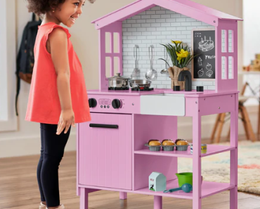 Kids Farmhouse Play Kitchen with Chalkboard, Storage Shelves, 5 Accessories Only $54.99 Shipped!